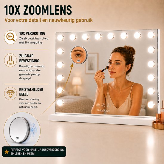 Livingbright - Make Up Spiegel - Hollywood Spiegel met Verlichting 80X60CM - 3 Lichtkleuren - Dimbaar - USB Oplader - Wit - afbeelding 4