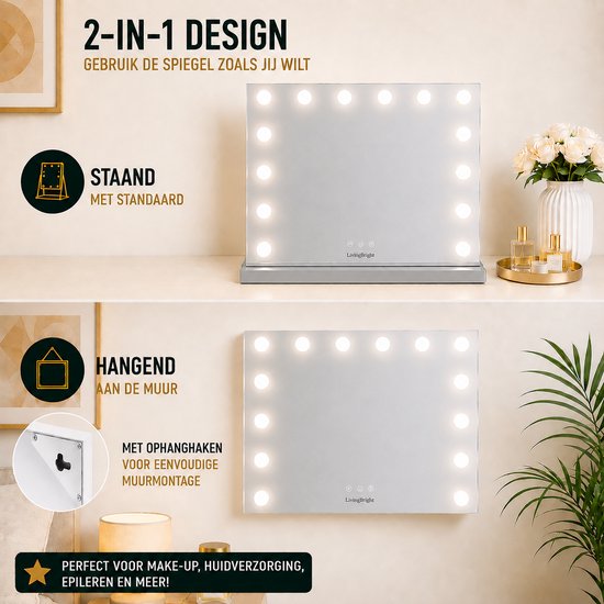 Livingbright - Make Up Spiegel - Hollywood Spiegel met Verlichting 50X40CM - 3 Lichtkleuren - Dimbaar - USB Oplader - Grijs - afbeelding 2