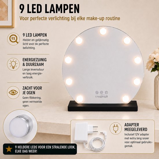 Livingbright - Make Up Spiegel Rond - Hollywood Spiegel met Verlichting 40X47CM - 3 Lichtkleuren - Dimbaar - USB Oplader - Zwart - afbeelding 4