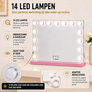 Livingbright - Make Up Spiegel - Hollywood Spiegel met Verlichting 58X46CM - 3 Lichtkleuren - Dimbaar - USB Oplader - Roze - afbeelding 4