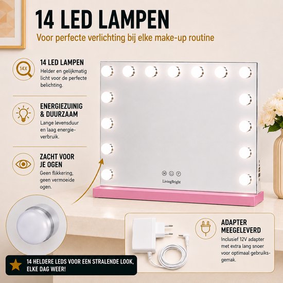 Livingbright - Make Up Spiegel - Hollywood Spiegel met Verlichting 58X46CM - 3 Lichtkleuren - Dimbaar - USB Oplader - Roze - afbeelding 4