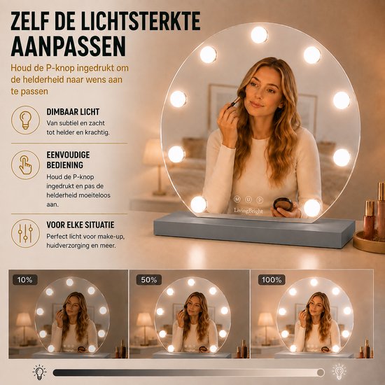 Livingbright - Make Up Spiegel Rond - Hollywood Spiegel met Verlichting 40X47CM - 3 Lichtkleuren - Dimbaar - USB Oplader - Grijs - afbeelding 4
