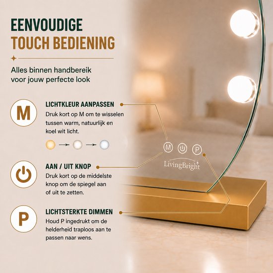 Livingbright - Make Up Spiegel Rond - Hollywood Spiegel met Verlichting 40X47CM - 3 Lichtkleuren - Dimbaar - USB Oplader - Goud - afbeelding 4
