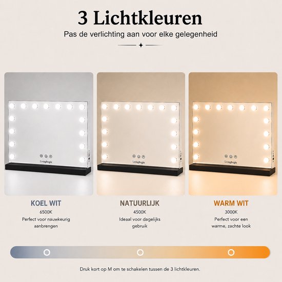 Livingbright - Make Up Spiegel - Hollywood Spiegel met Verlichting 58X46CM - 3 Lichtkleuren - Dimbaar - USB Oplader - Zwart - afbeelding 4