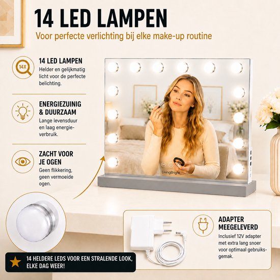 Livingbright - Make Up Spiegel - Hollywood Spiegel met Verlichting 58X46CM - 3 Lichtkleuren - Dimbaar - USB Oplader - Grijs - afbeelding 4