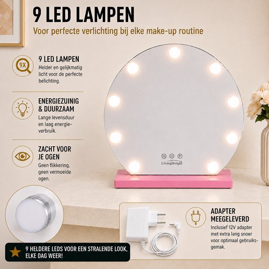 Livingbright - Make Up Spiegel Rond - Hollywood Spiegel met Verlichting 40X47CM - 3 Lichtkleuren - Dimbaar - USB Oplader - Roze - afbeelding 4