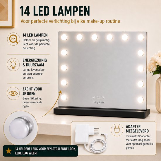 Livingbright - Make Up Spiegel - Hollywood Spiegel met Verlichting 50X40CM - 3 Lichtkleuren - Dimbaar - USB Oplader - Zwart - afbeelding 2