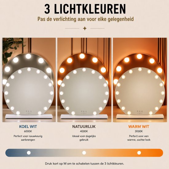 Livingbright - Make Up Spiegel Rond - Hollywood Spiegel met Verlichting 60X66CM - 3 Lichtkleuren - Dimbaar - USB Oplader - Wit - afbeelding 3