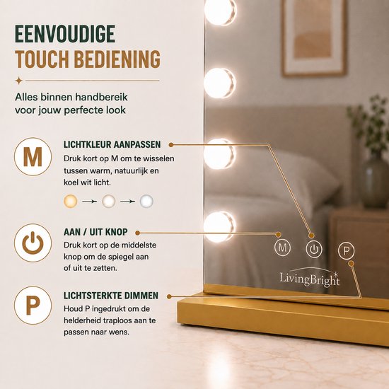 Livingbright - Make Up Spiegel - Hollywood Spiegel met Verlichting 58X46CM - 3 Lichtkleuren - Dimbaar - USB Oplader - Goud - afbeelding 4