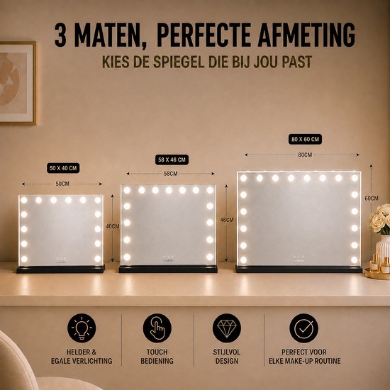 Livingbright - Make Up Spiegel - Hollywood Spiegel met Verlichting 80X60CM - 3 Lichtkleuren - Dimbaar - USB Oplader - Zwart - afbeelding 12