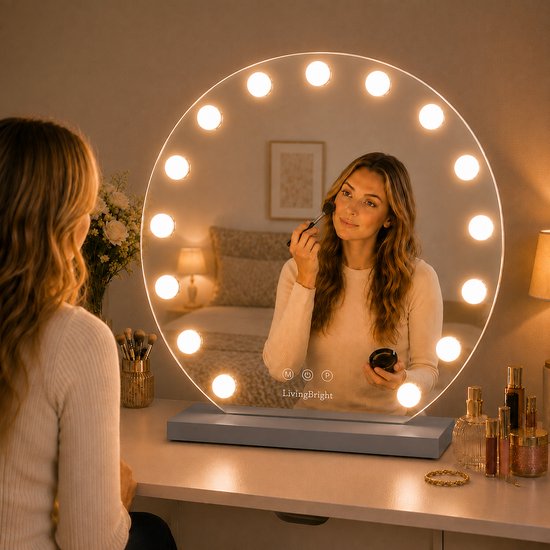 Livingbright - Make Up Spiegel Rond - Hollywood Spiegel met Verlichting 60X66CM - 3 Lichtkleuren - Dimbaar - USB Oplader - Grijs - afbeelding 7