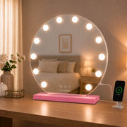 Livingbright - Make Up Spiegel Rond - Hollywood Spiegel met Verlichting 50X55CM - 3 Lichtkleuren - Dimbaar - USB Oplader - Roze - afbeelding 7