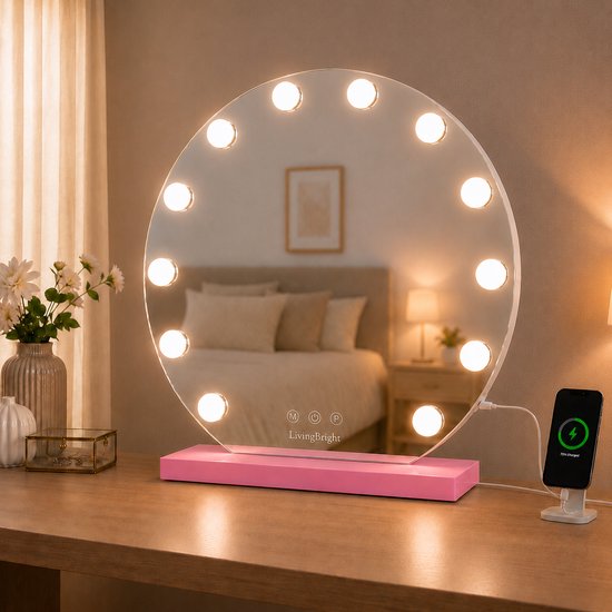 Livingbright - Make Up Spiegel Rond - Hollywood Spiegel met Verlichting 50X55CM - 3 Lichtkleuren - Dimbaar - USB Oplader - Roze - afbeelding 7