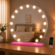 Livingbright - Make Up Spiegel Rond - Hollywood Spiegel met Verlichting 60X66CM - 3 Lichtkleuren - Dimbaar - USB Oplader - Roze - afbeelding 11