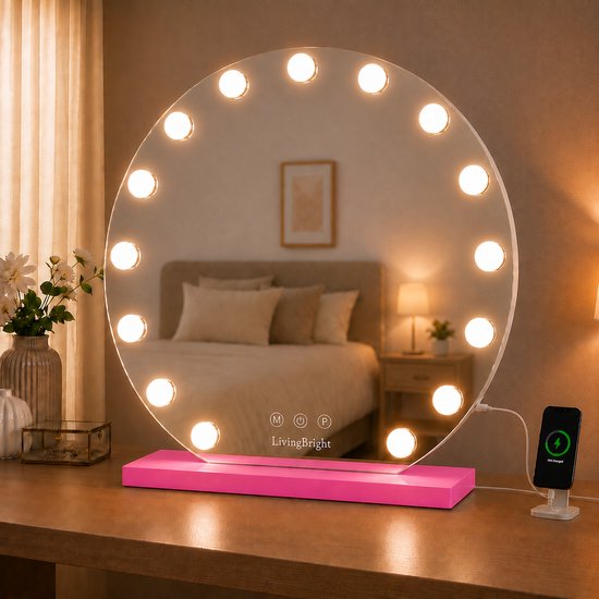 Livingbright - Make Up Spiegel Rond - Hollywood Spiegel met Verlichting 60X66CM - 3 Lichtkleuren - Dimbaar - USB Oplader - Roze - afbeelding 11