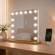 Livingbright - Make Up Spiegel - Hollywood Spiegel met Verlichting 50X40CM - 3 Lichtkleuren - Dimbaar - USB Oplader - Goud - afbeelding 4