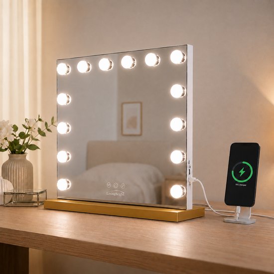 Livingbright - Make Up Spiegel - Hollywood Spiegel met Verlichting 50X40CM - 3 Lichtkleuren - Dimbaar - USB Oplader - Goud - afbeelding 4