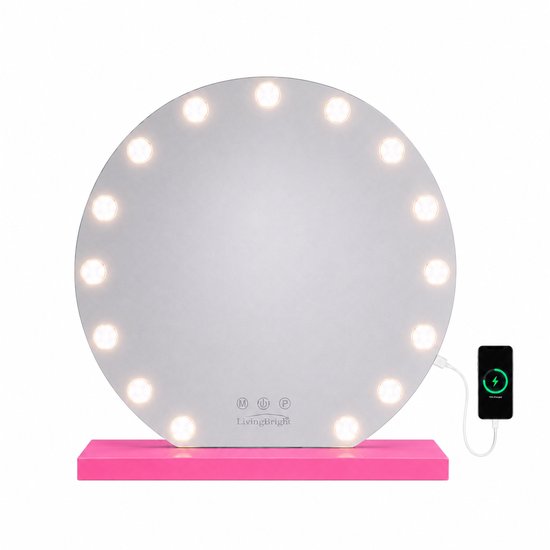 Livingbright - Make Up Spiegel Rond - Hollywood Spiegel met Verlichting 60X66CM - 3 Lichtkleuren - Dimbaar - USB Oplader - Roze - afbeelding 1