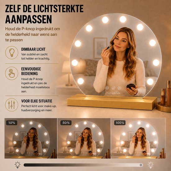 Livingbright - Make Up Spiegel Rond - Hollywood Spiegel met Verlichting 50X55CM - 3 Lichtkleuren - Dimbaar - USB Oplader - Goud - afbeelding 3
