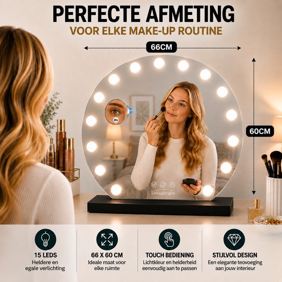 Livingbright - Make Up Spiegel Rond - Hollywood Spiegel met Verlichting 60X66CM - 3 Lichtkleuren - Dimbaar - USB Oplader - Zwart - afbeelding 11