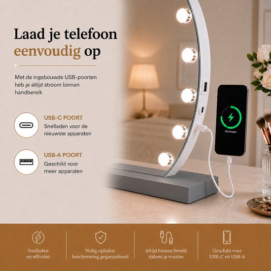 Livingbright - Make Up Spiegel Rond - Hollywood Spiegel met Verlichting 60X66CM - 3 Lichtkleuren - Dimbaar - USB Oplader - Grijs - afbeelding 2