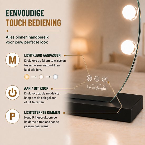 Livingbright - Make Up Spiegel Rond - Hollywood Spiegel met Verlichting 50X55CM - 3 Lichtkleuren - Dimbaar - USB Oplader - Zwart - afbeelding 4