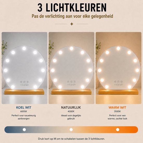 Livingbright - Make Up Spiegel Rond - Hollywood Spiegel met Verlichting 50X55CM - 3 Lichtkleuren - Dimbaar - USB Oplader - Goud - afbeelding 11