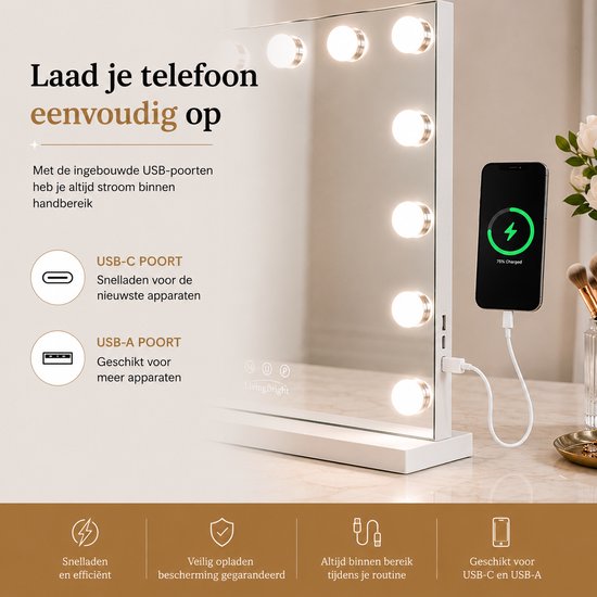 Livingbright - Make Up Spiegel - Hollywood Spiegel met Verlichting 58X46CM - 3 Lichtkleuren - Dimbaar - USB Oplader - Wit - afbeelding 5