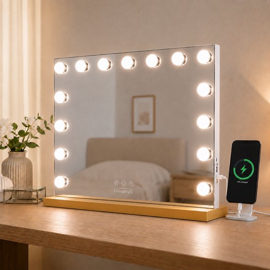 Livingbright - Make Up Spiegel - Hollywood Spiegel met Verlichting 58X46CM - 3 Lichtkleuren - Dimbaar - USB Oplader - Goud - afbeelding 5