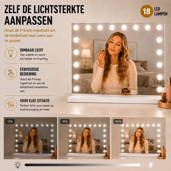 Livingbright - Make Up Spiegel - Hollywood Spiegel met Verlichting 80X60CM - 3 Lichtkleuren - Dimbaar - USB Oplader - Wit - afbeelding 5