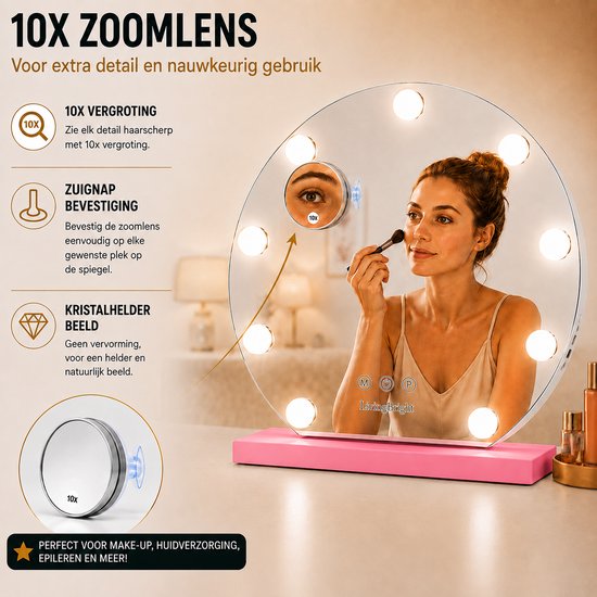 Livingbright - Make Up Spiegel Rond - Hollywood Spiegel met Verlichting 40X47CM - 3 Lichtkleuren - Dimbaar - USB Oplader - Roze - afbeelding 5