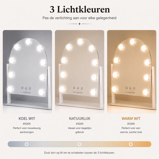 Livingbright - Make Up Spiegel met Verlichting - Draaibaar - Halfrond - Wit - afbeelding 3