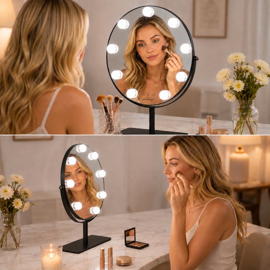Livingbright - Make Up Spiegel met Verlichting - Rond - Roterend - 9 Leds - Zwart - afbeelding 3