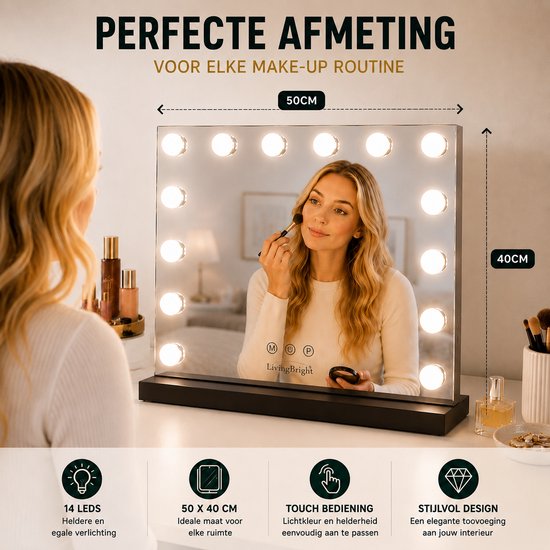 Livingbright - Make Up Spiegel - Hollywood Spiegel met Verlichting 50X40CM - 3 Lichtkleuren - Dimbaar - USB Oplader - Zwart - afbeelding 3