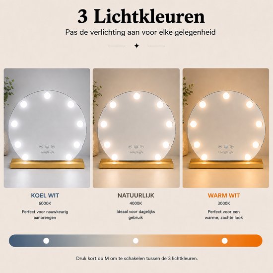 Livingbright - Make Up Spiegel Rond - Hollywood Spiegel met Verlichting 40X47CM - 3 Lichtkleuren - Dimbaar - USB Oplader - Goud - afbeelding 5