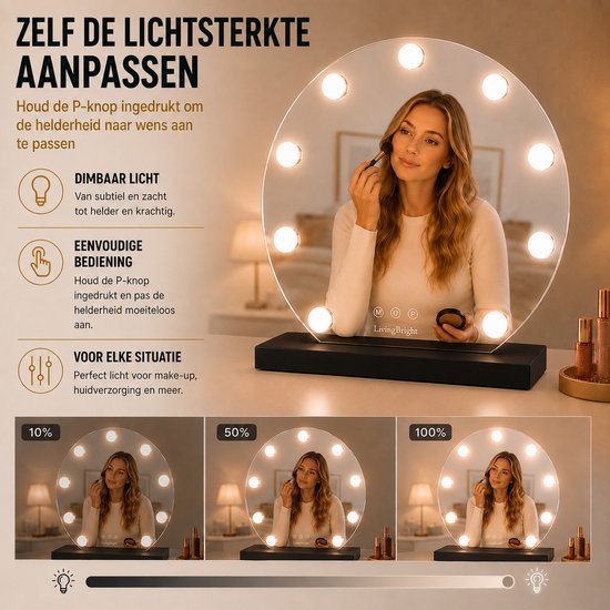 Livingbright - Make Up Spiegel Rond - Hollywood Spiegel met Verlichting 40X47CM - 3 Lichtkleuren - Dimbaar - USB Oplader - Zwart - afbeelding 5