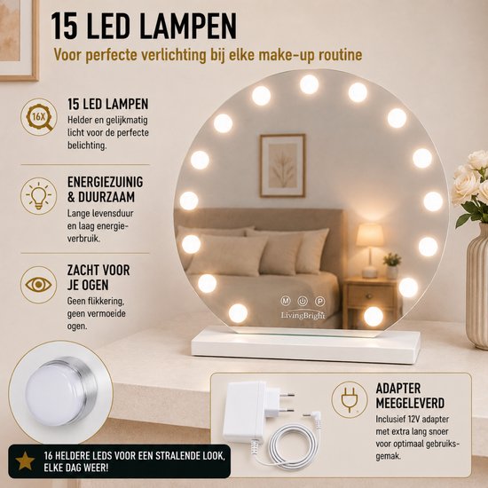 Livingbright - Make Up Spiegel Rond - Hollywood Spiegel met Verlichting 60X66CM - 3 Lichtkleuren - Dimbaar - USB Oplader - Wit - afbeelding 4