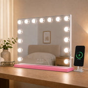 Livingbright - Make Up Spiegel - Hollywood Spiegel met Verlichting 58X46CM - 3 Lichtkleuren - Dimbaar - USB Oplader - Roze - afbeelding 5