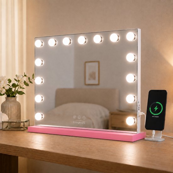 Livingbright - Make Up Spiegel - Hollywood Spiegel met Verlichting 58X46CM - 3 Lichtkleuren - Dimbaar - USB Oplader - Roze - afbeelding 5