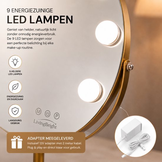 Livingbright - Make Up Spiegel met Verlichting - Rond - Roterend - 9 Leds - Goud - afbeelding 6
