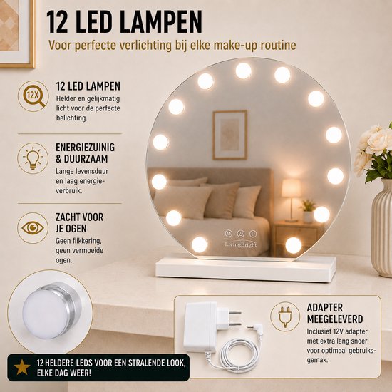Livingbright - Make Up Spiegel Rond - Hollywood Spiegel met Verlichting 50X55CM - 3 Lichtkleuren - Dimbaar - USB Oplader - Wit - afbeelding 5
