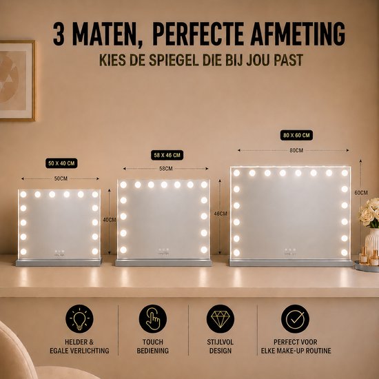 Livingbright - Make Up Spiegel - Hollywood Spiegel met Verlichting 80X60CM - 3 Lichtkleuren - Dimbaar - USB Oplader - Grijs - afbeelding 11