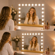 Livingbright - Make Up Spiegel - Hollywood Spiegel met Verlichting 80X60CM - 3 Lichtkleuren - Dimbaar - USB Oplader - Goud - afbeelding 8