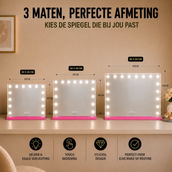 Livingbright - Make Up Spiegel - Hollywood Spiegel met Verlichting 80X60CM - 3 Lichtkleuren - Dimbaar - USB Oplader - Roze - afbeelding 11