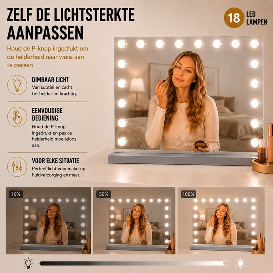 Livingbright - Make Up Spiegel - Hollywood Spiegel met Verlichting 80X60CM - 3 Lichtkleuren - Dimbaar - USB Oplader - Grijs - afbeelding 4