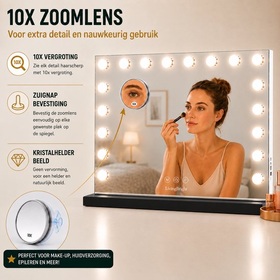 Livingbright - Make Up Spiegel - Hollywood Spiegel met Verlichting 80X60CM - 3 Lichtkleuren - Dimbaar - USB Oplader - Zwart - afbeelding 5