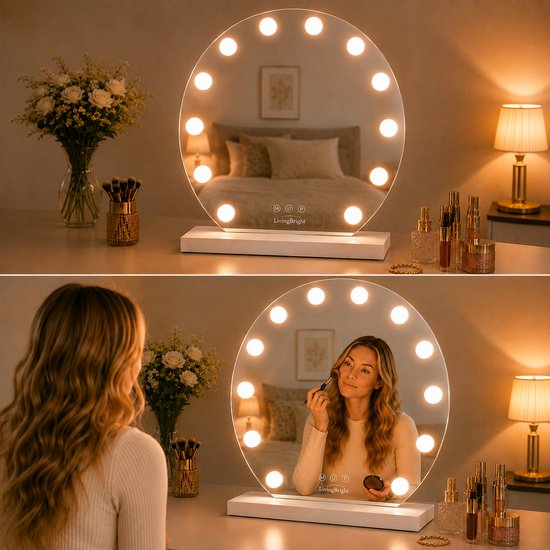 Livingbright - Make Up Spiegel Rond - Hollywood Spiegel met Verlichting 50X55CM - 3 Lichtkleuren - Dimbaar - USB Oplader - Wit - afbeelding 6