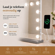 Livingbright - Make Up Spiegel - Hollywood Spiegel met Verlichting 50X40CM - 3 Lichtkleuren - Dimbaar - USB Oplader - Grijs - afbeelding 4