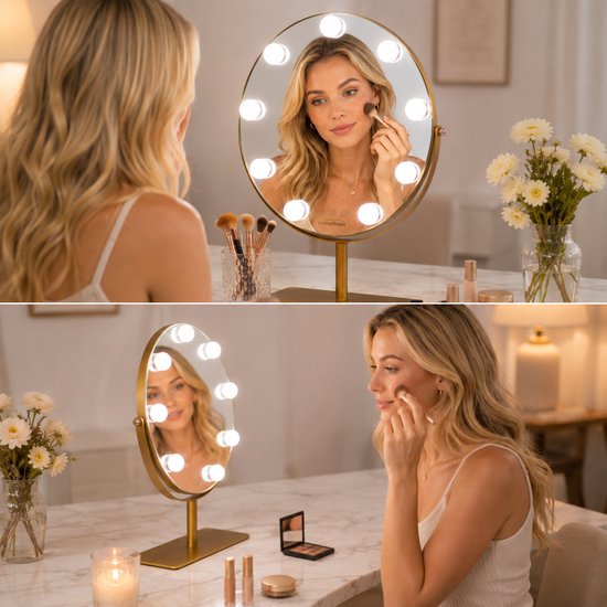 Livingbright - Make Up Spiegel met Verlichting - Rond - Roterend - 9 Leds - Goud - afbeelding 7