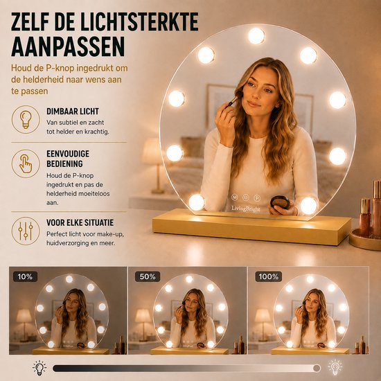 Livingbright - Make Up Spiegel Rond - Hollywood Spiegel met Verlichting 40X47CM - 3 Lichtkleuren - Dimbaar - USB Oplader - Goud - afbeelding 6